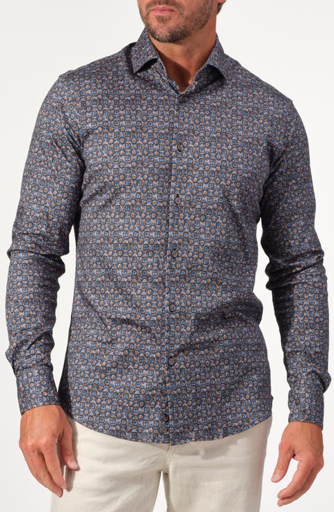 Mosaic Print Stretch Cotton Long Sleeve Button-Down Shirt
