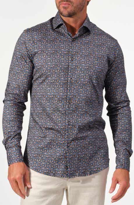 Mosaic Print Stretch Cotton Long Sleeve Button-Down Shirt