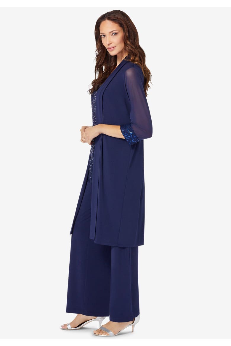 Plus Size 3 Piece Knit Embellished Pant Set, Alternate, color, NAVY
