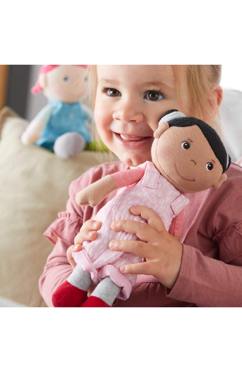 HABA Snug Up Doll Rumbi - 10" Soft Doll with Black Hair and Pink Overalls - Machine Washable for 18 Months and Up, Alternate, color, Multi