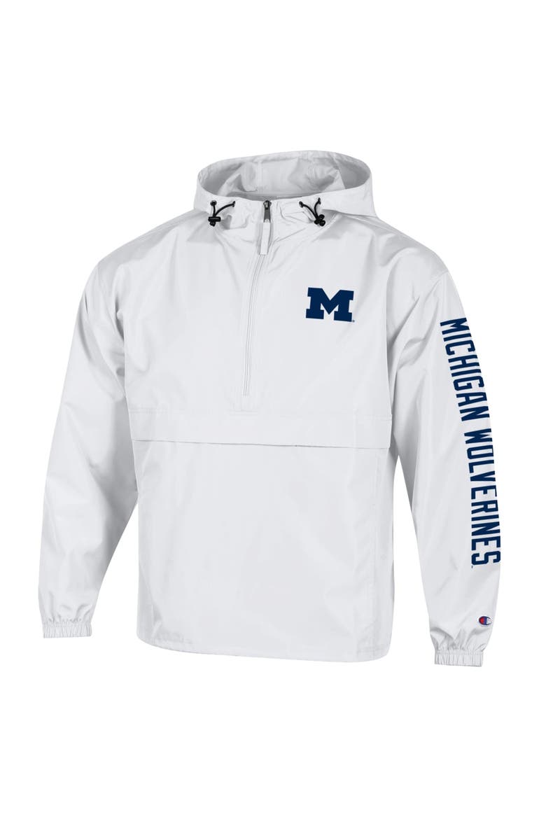 Men's Champion  White Michigan Wolverines Cloud Packable Half-Zip Hooded Jacket, Alternate, color, White