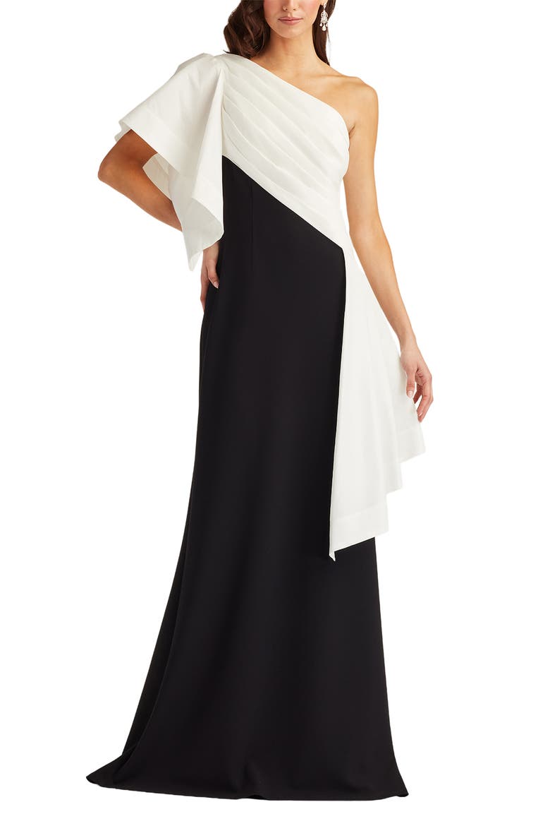 Draped One-Shoulder Mixed Media Gown, Alternate, color, WHITE/ BLACK