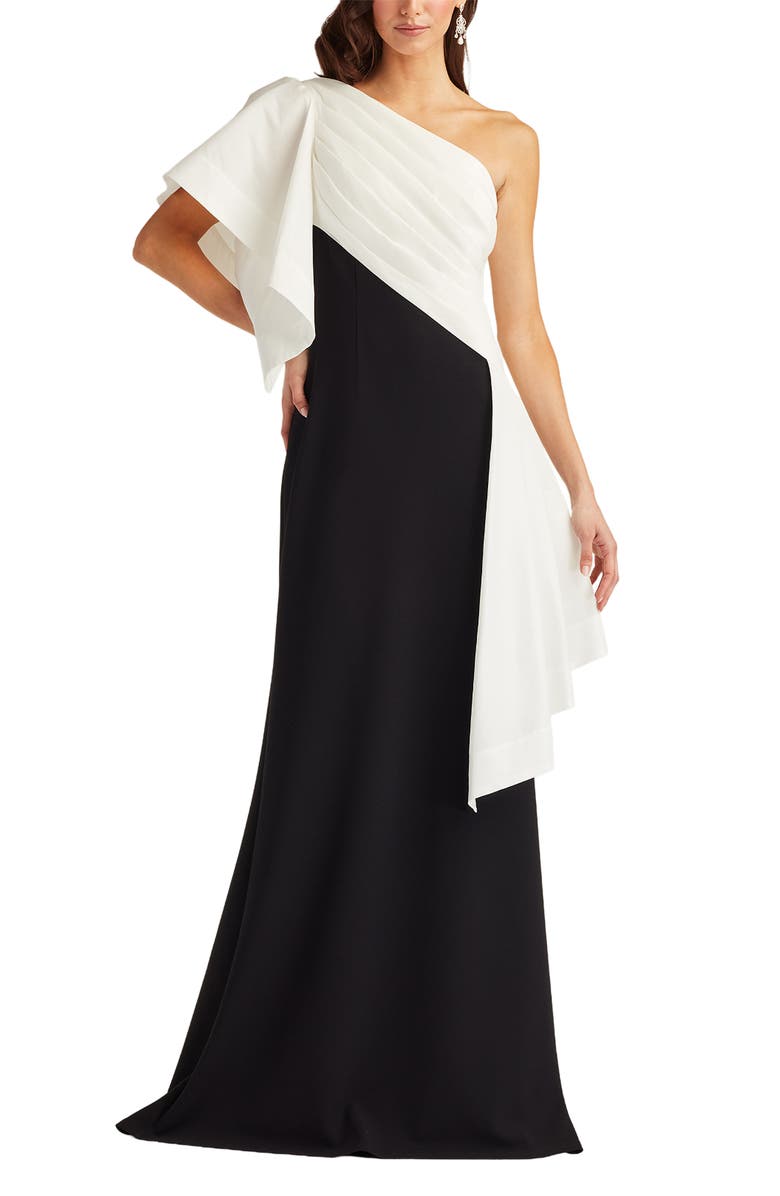 Tadashi Shoji Draped One-Shoulder Mixed Media Gown, Alternate, color, White/ Black
