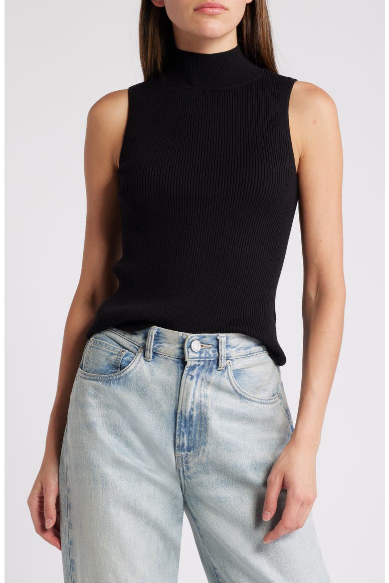 Mock Neck Sleeveless Rib Sweater, Main, color, RICH BLACK