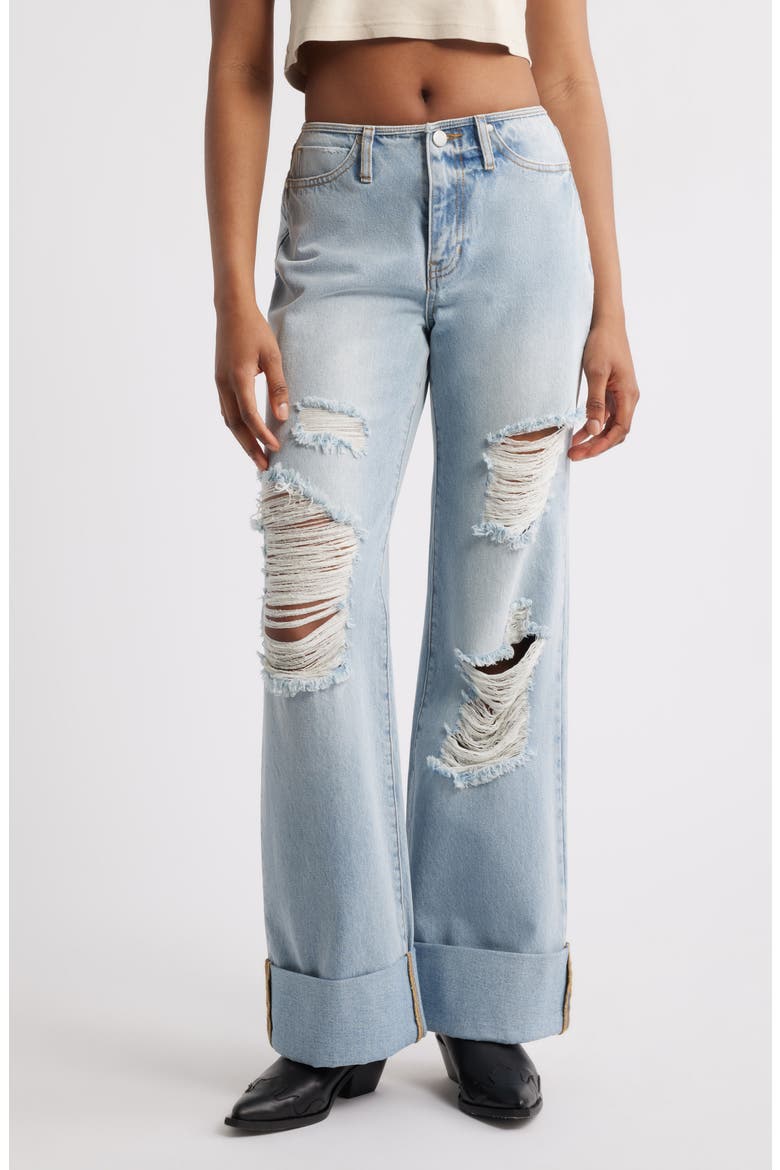Elowen Distressed Cuffed Wide Leg Jeans, Main, color, LIGHT WASH