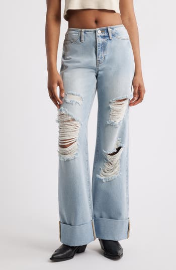 Ptcl Elowen Distressed Cuffed Wide Leg Jeans In Multi