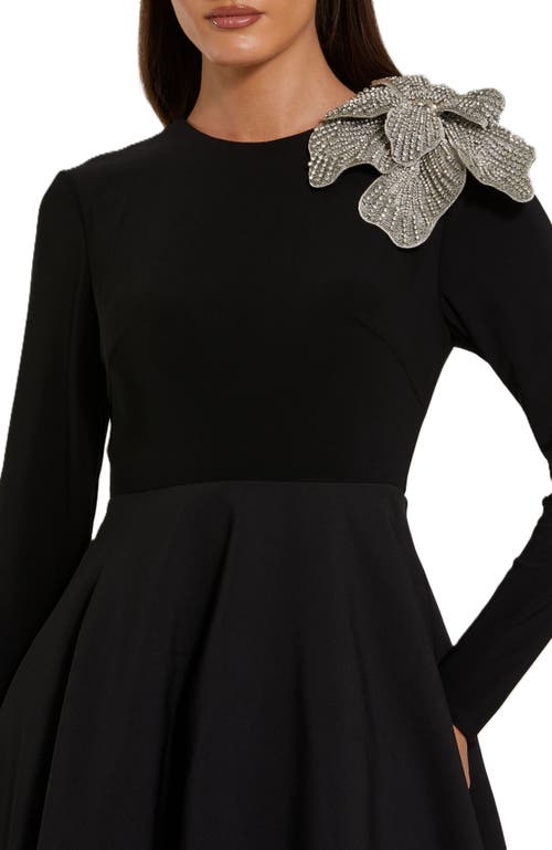 Mac Duggal Long Sleeve Taffeta Embellished 3d Flower Detail Ball Gown In Black