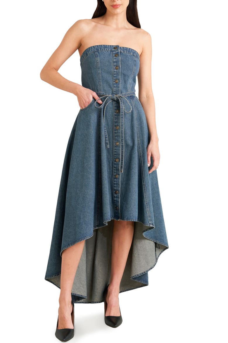 Belted Strapless High-Low Midi Dress, Main, color, MEDIUM INDIGO