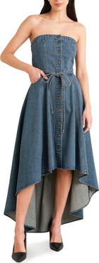 FREEMARKET Belted Strapless High-Low Midi Dress