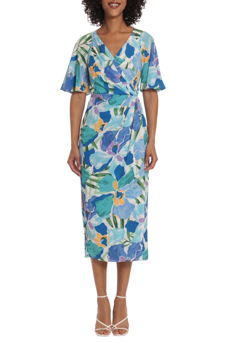 Floral Wrap Front Midi Dress, Main, color, SOFT WHITE/ CORNFLOWER
