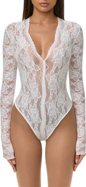 Naked Wardrobe Lace Deep V-Neck Bodysuit