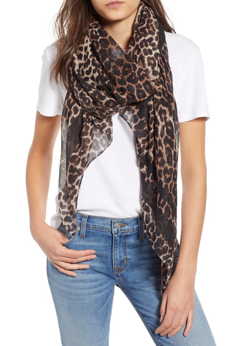 Leopard Print Oblong Scarf, Main, color, BROWN MULTI