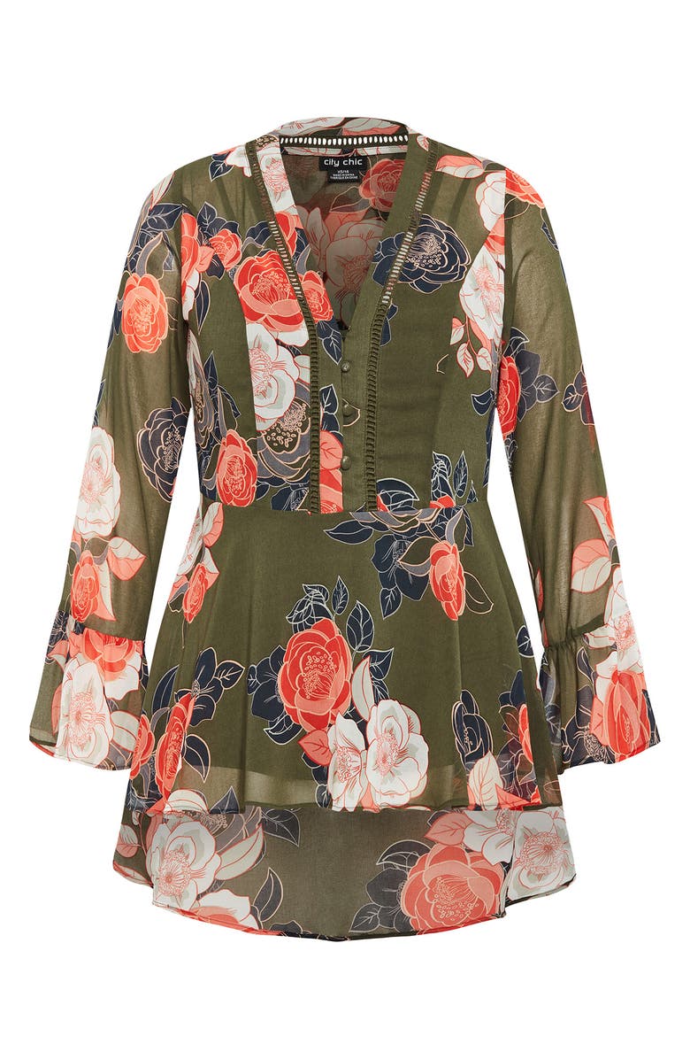 City Chic Mara Floral Print High-Low Peplum Top, Alternate, color, Green Floral