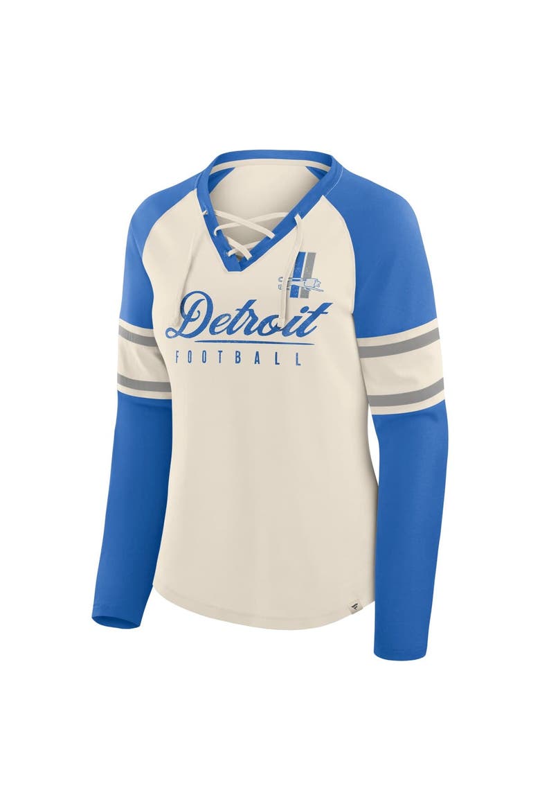 Women's Fanatics Cream/Blue Detroit Lions Hometown Gridiron Hero Raglan Lace-Up V-Neck Long Sleeve T-Shirt, Alternate, color, Cream