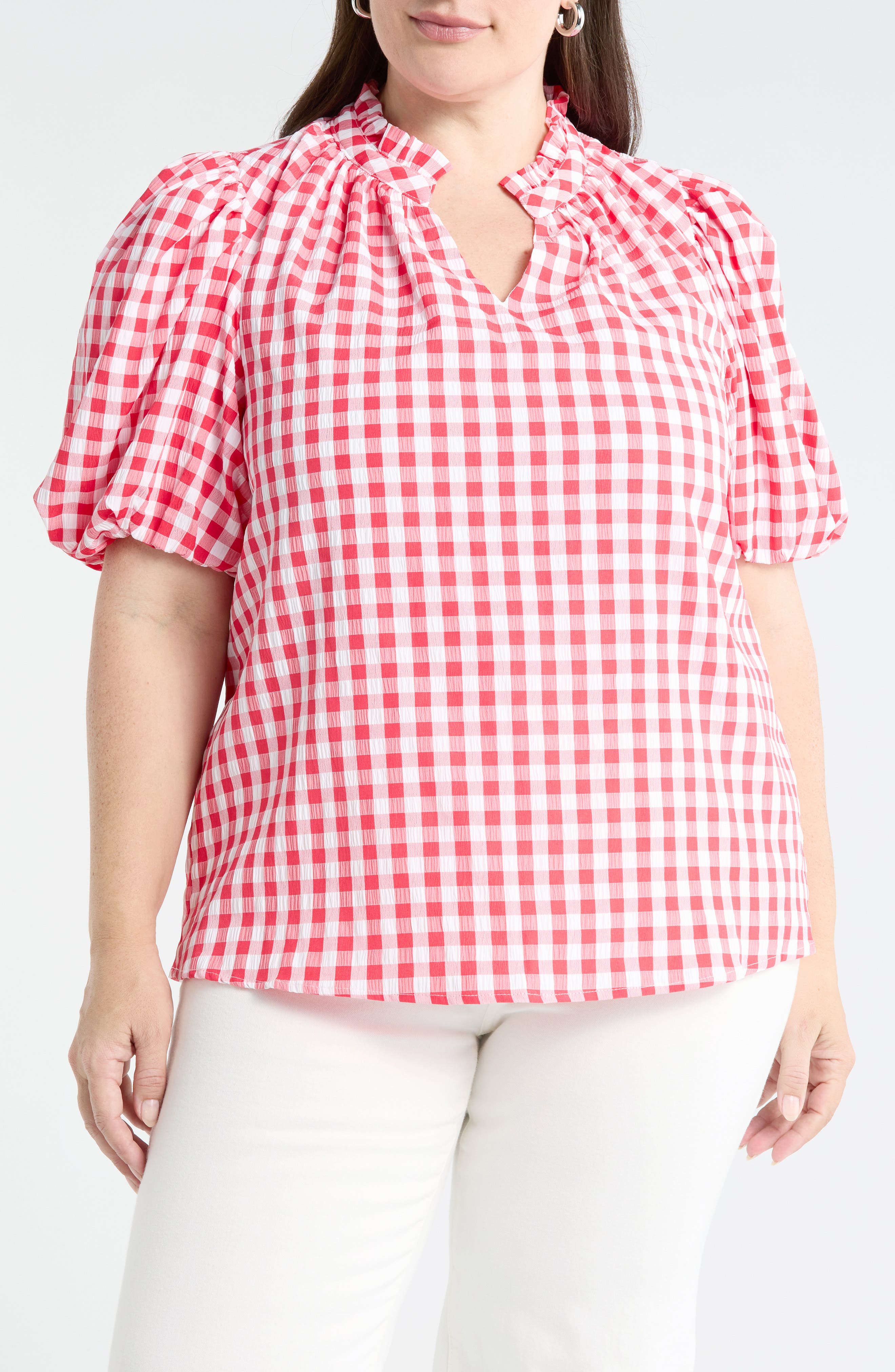 Ginham Ruffle Neck Top