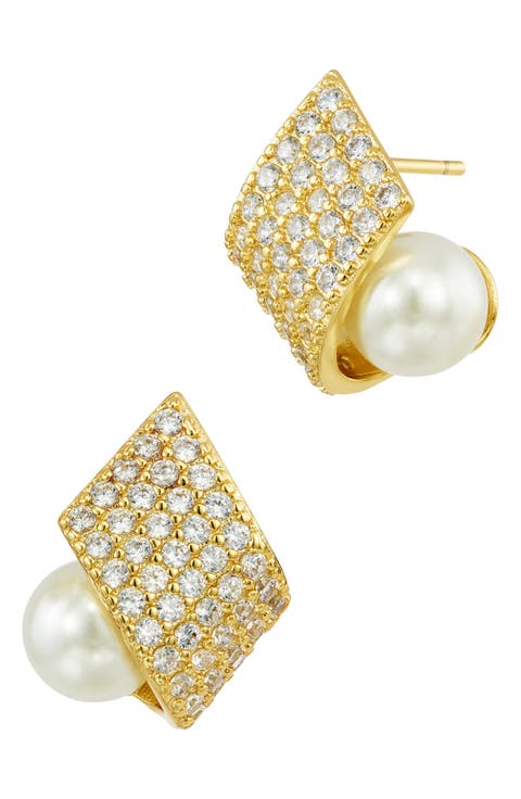 Pavé Cubic Zirconia & Faux Pearl Stud Earrings