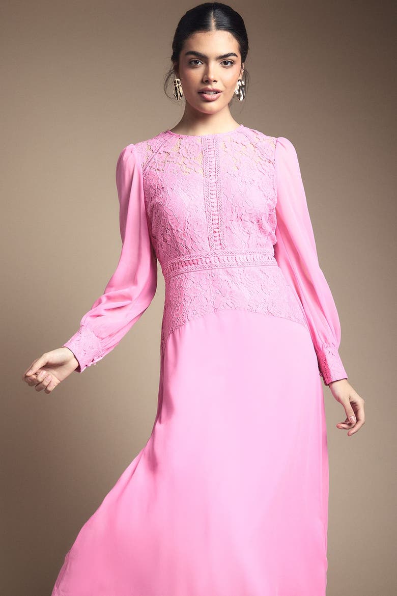 Lace Insert Chiffon Midi Dress, Alternate, color, Pink
