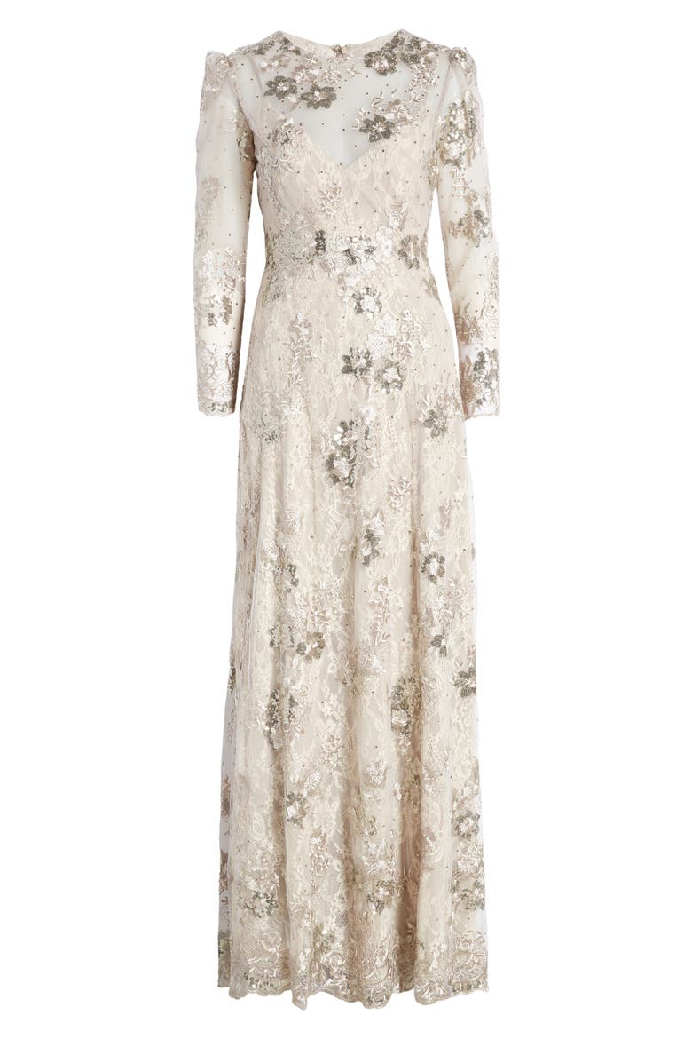 Floral Embroidered Illusion Long Sleeve Evening Gown, Alternate, color, MOCHA
