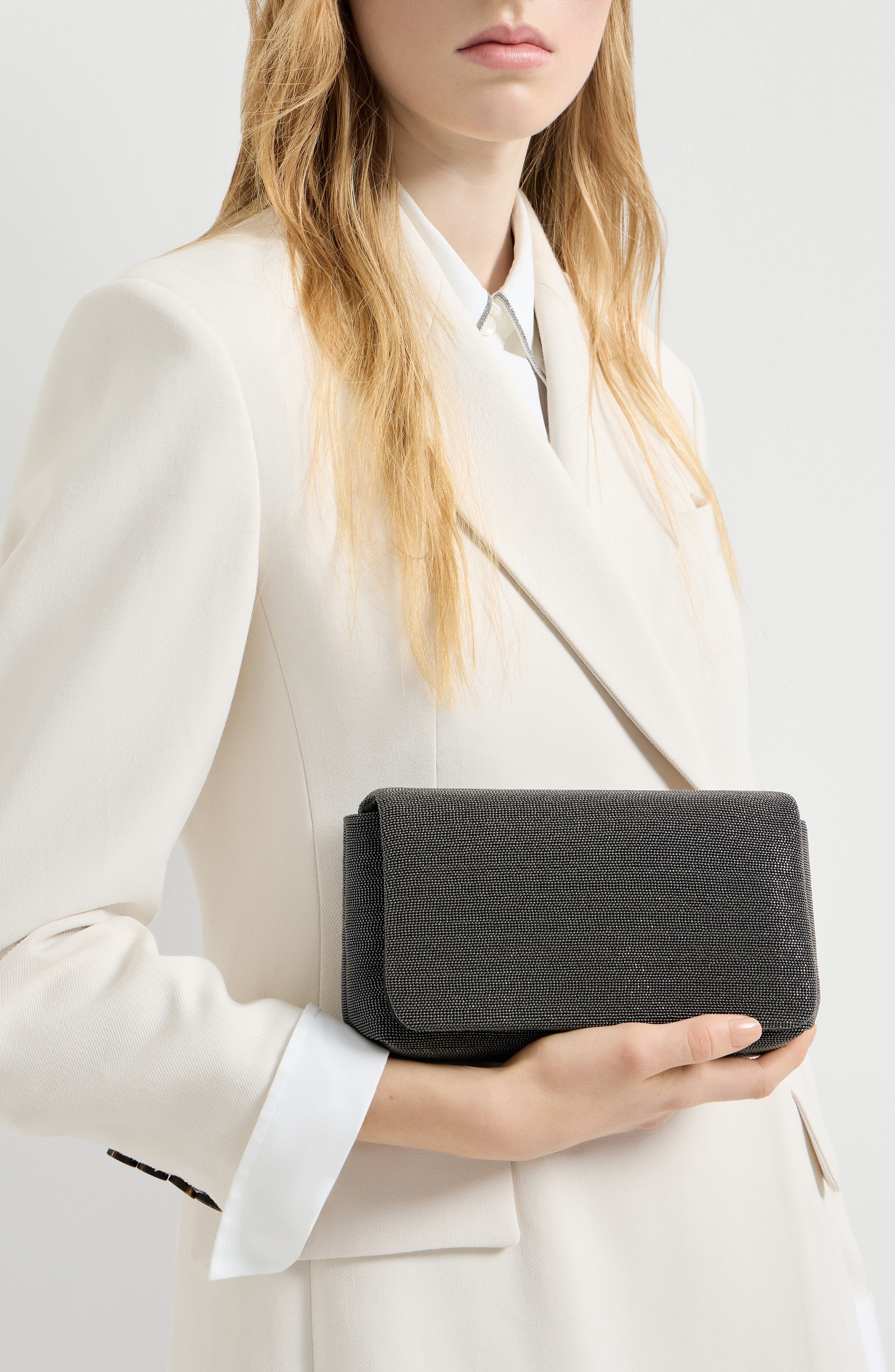 Brunello Cucinelli Precious flap bag in grained leather, Alternate, color, Black