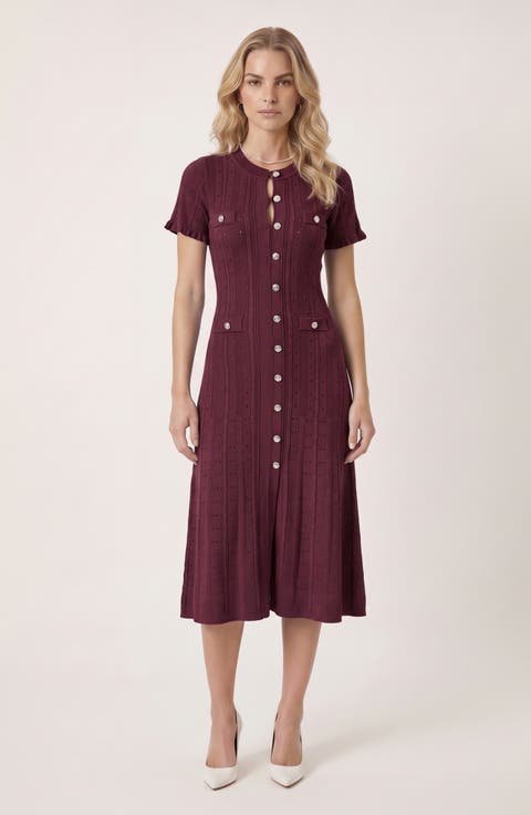 Button Front Knit Short Sleeve Midi Dress