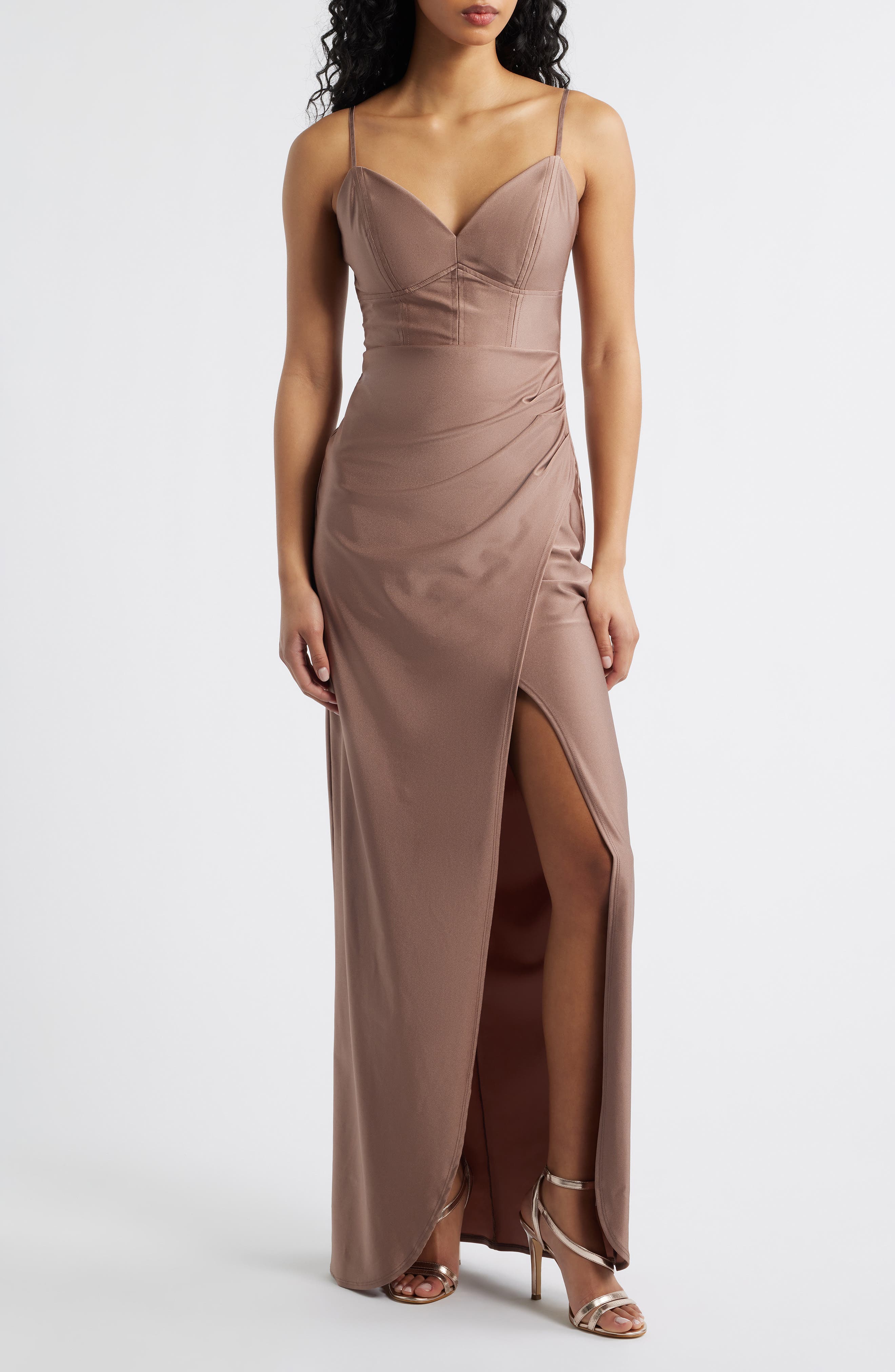 Emerald Sundae Jersey Column Gown In Brown