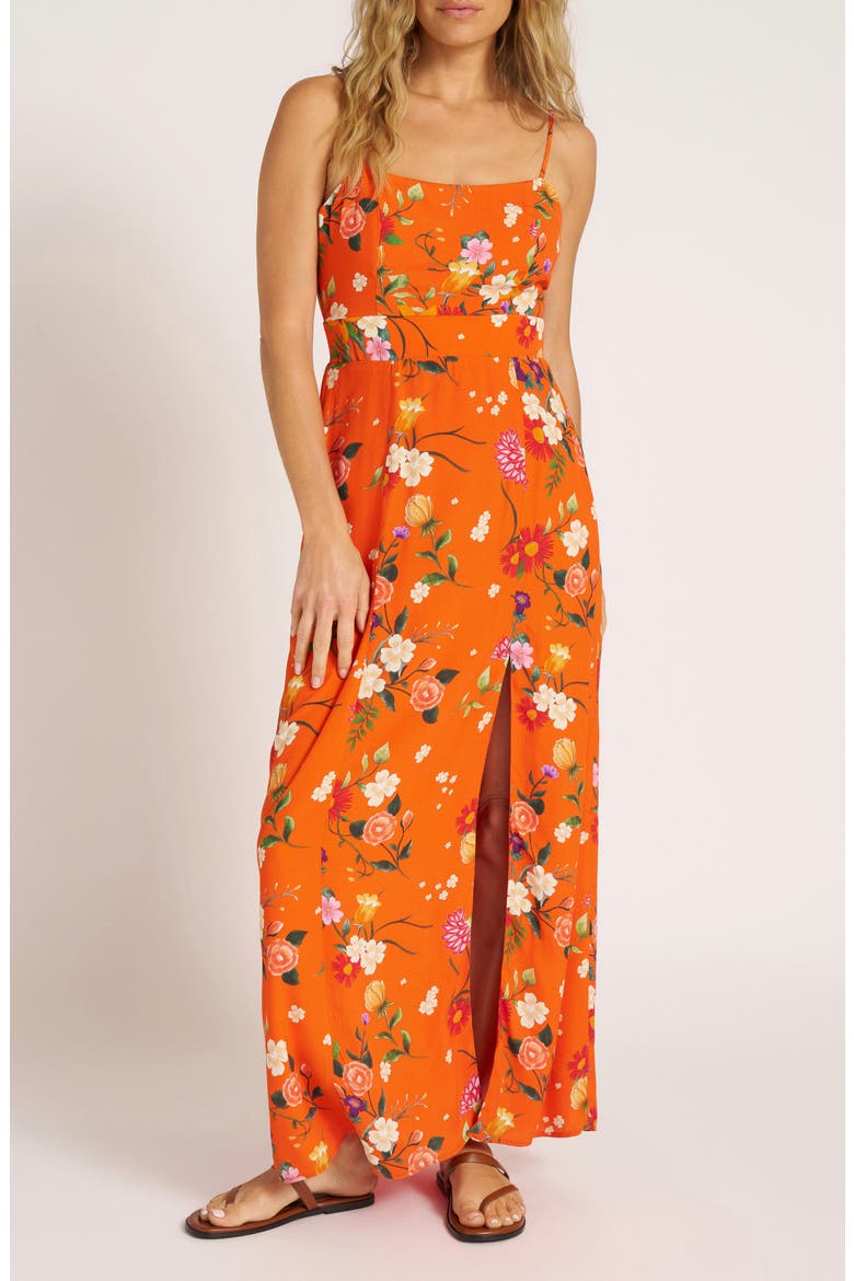 Floral Print Satin Maxi Dress, Main, color, TANGERINE