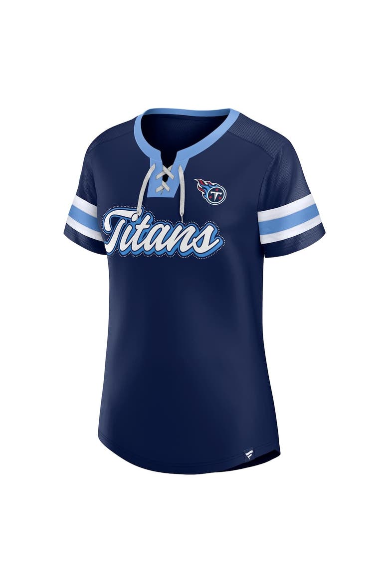 Women's Fanatics  Navy Tennessee Titans True Catch Iconic Rhinestone Bling Athena Lace-Up T-Shirt, Alternate, color, Navy