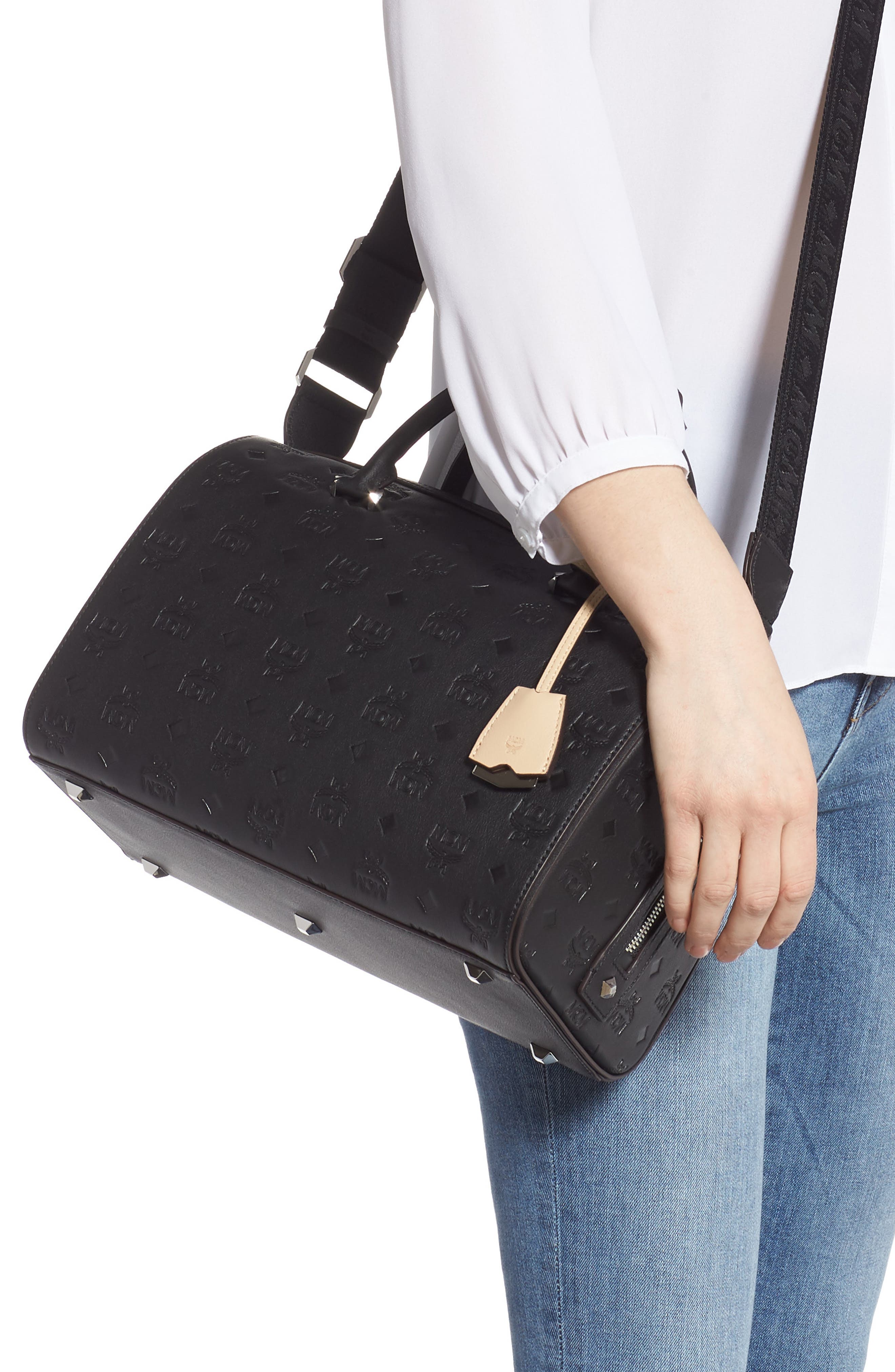 MCM Essential Boston Monogram Leather Satchel, Alternate, color, 