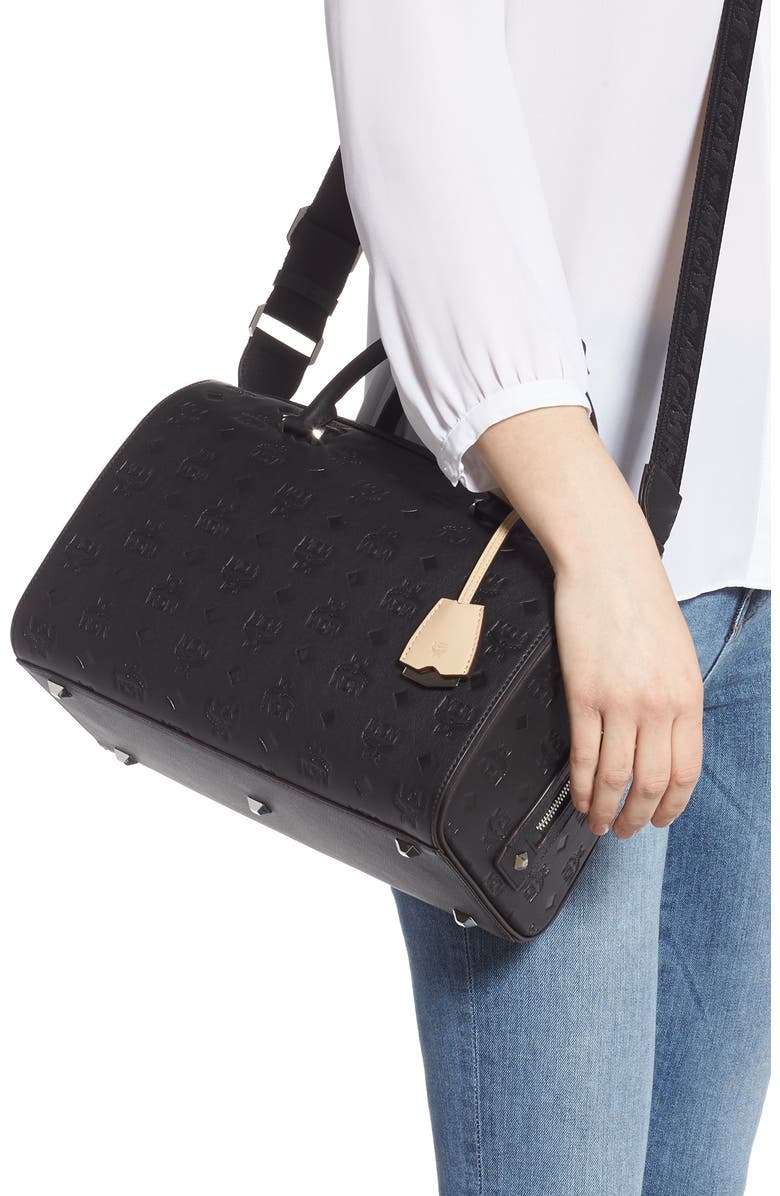 MCM Essential Boston Monogram Leather Satchel, Alternate, color,