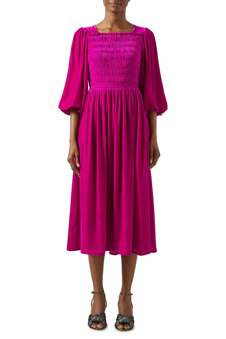 Callista Shirred Velvet Dress, Main, color, MAGENTA