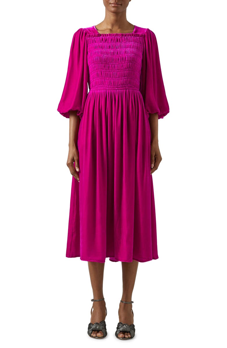 LK Bennett Callista Shirred Velvet Dress, Main, color, Magenta