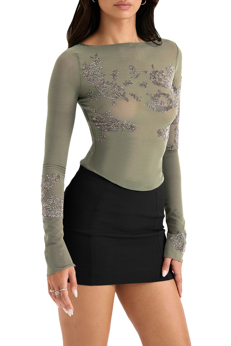 Embellished Semisheer Mesh Top, Alternate, color, OLIVE