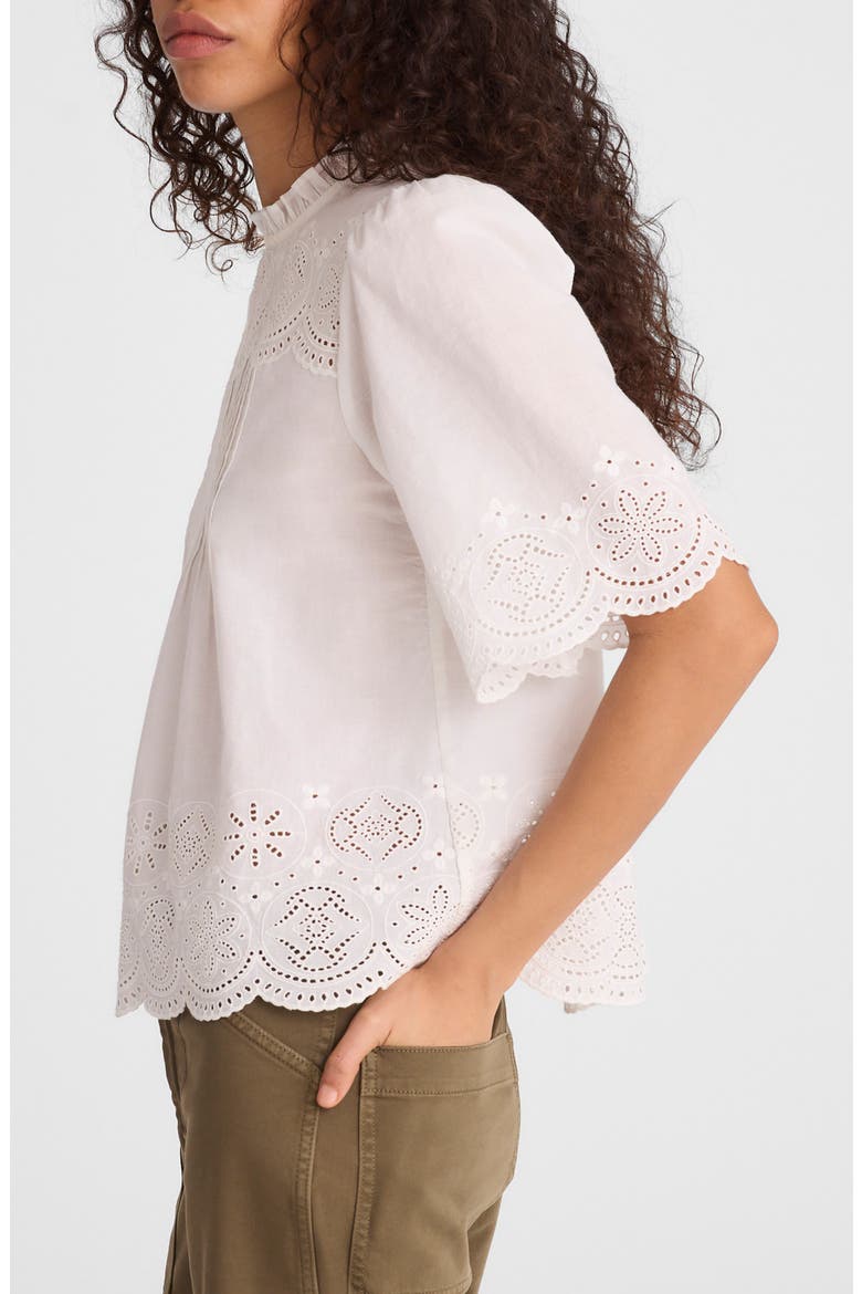 Embroidered Pintuck High Neck Cotton Voile Top, Alternate, color, WHITE