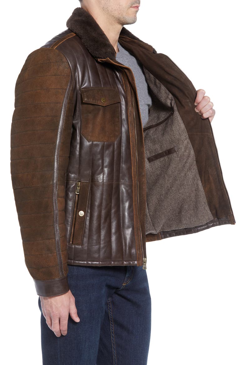 Genuine Shearling Trim Leather Bomber Jacket, Alternate, color, BROWN