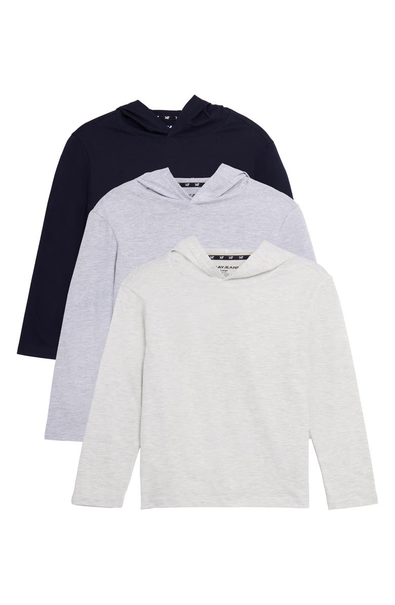 XRAY Kids' 3-Pack Hooded Long Sleeve Cotton T-Shirts, Main, color, Navy/Oat/Light Grey/Ivory