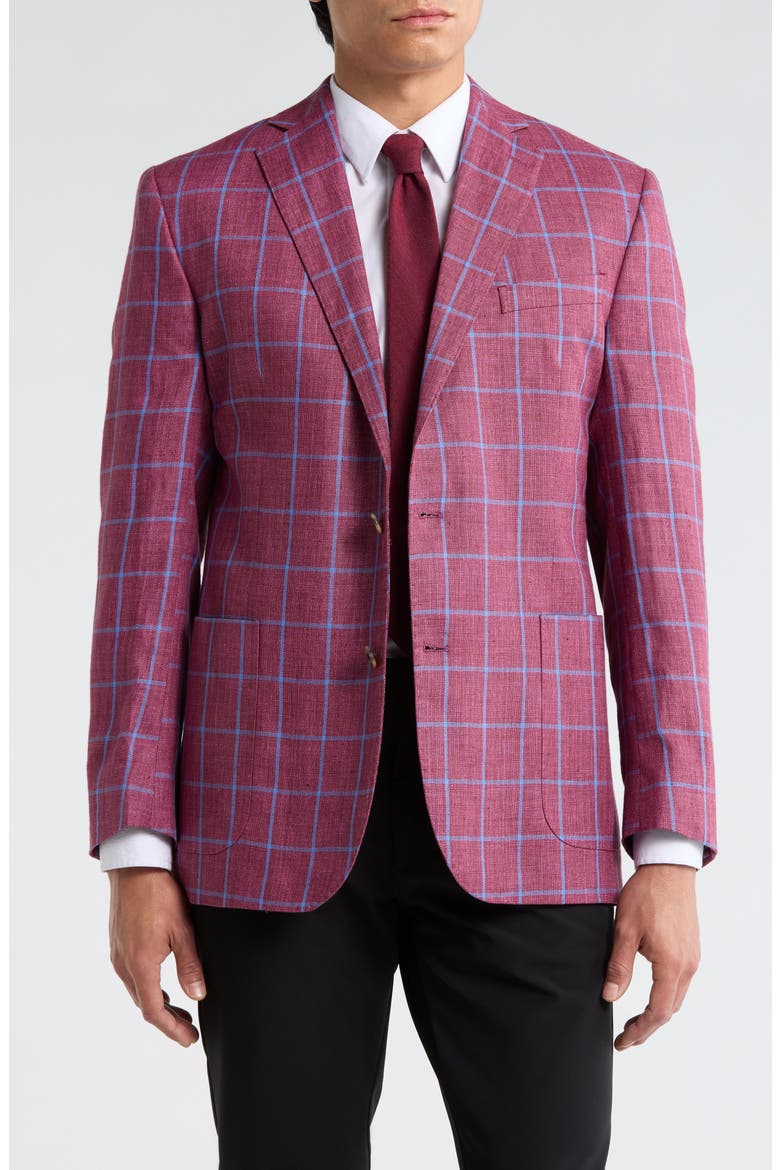 Plaid Linen Two-Button Sport Coat, Main, color, BURGUNDY BLUE WINDOWPANE