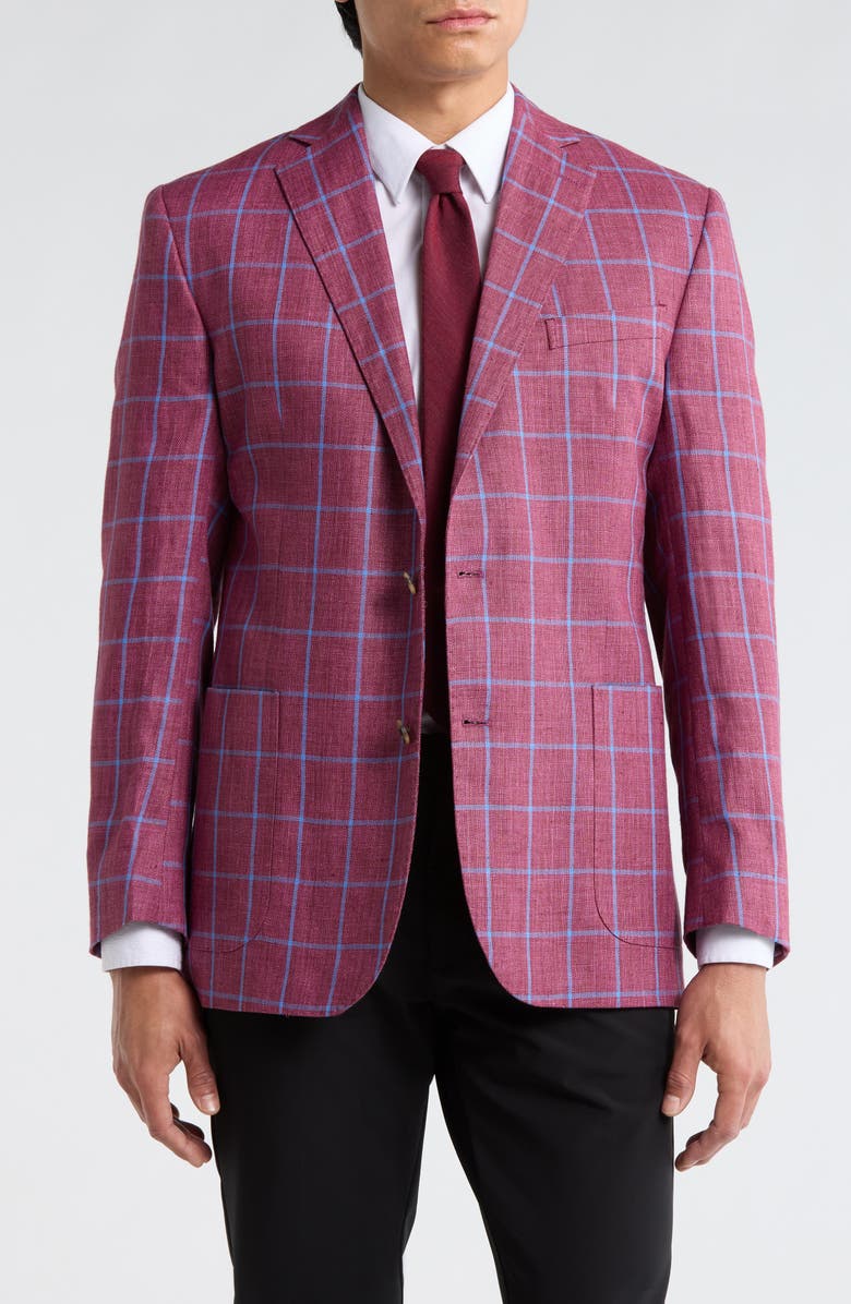 Brooks Brothers Plaid Linen Two-Button Sport Coat, Main, color, Burgundy Blue Windowpane