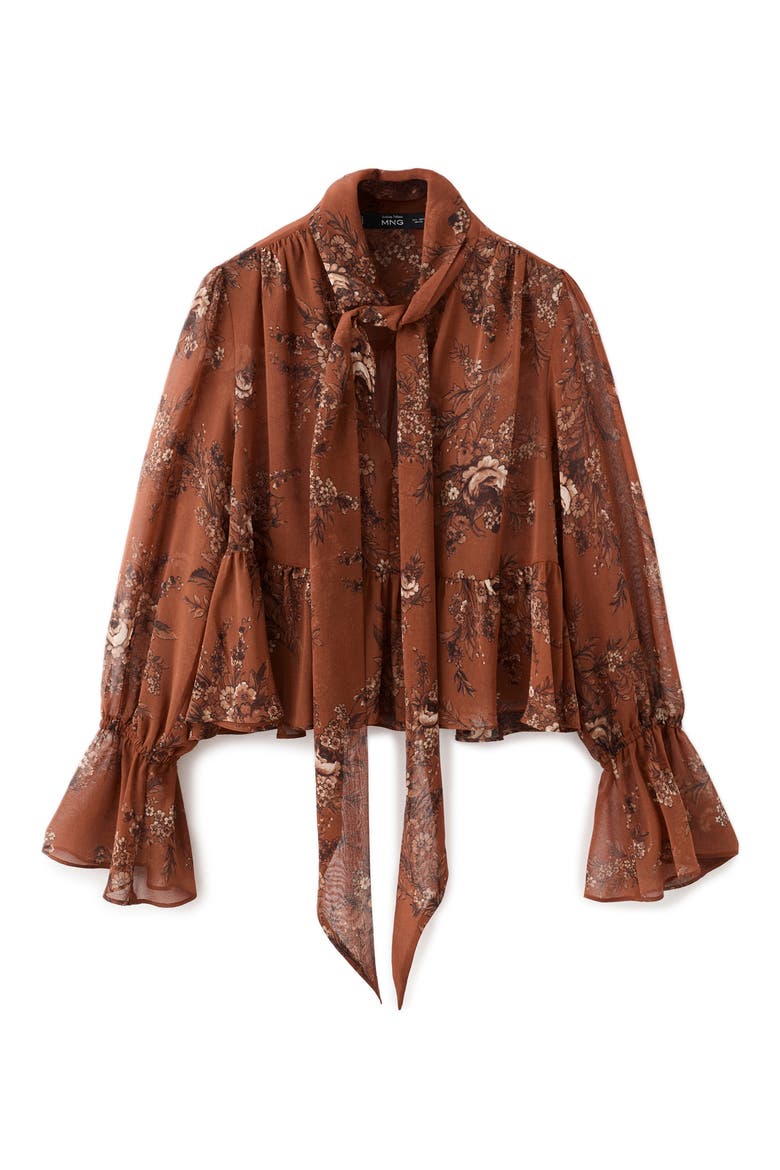 Floral Print Tie Neck Top, Main, color, RUSSET