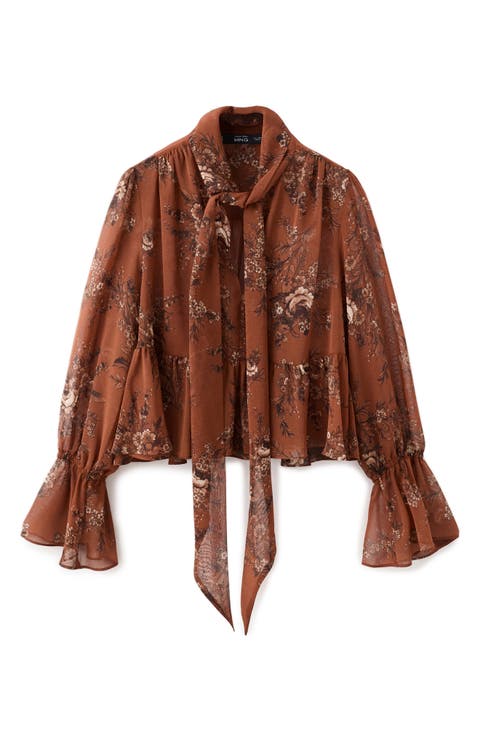 Floral Print Tie Neck Top