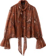 MANGO Floral Print Tie Neck Top