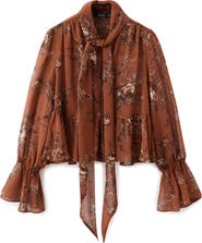 MANGO Floral Print Tie Neck Top