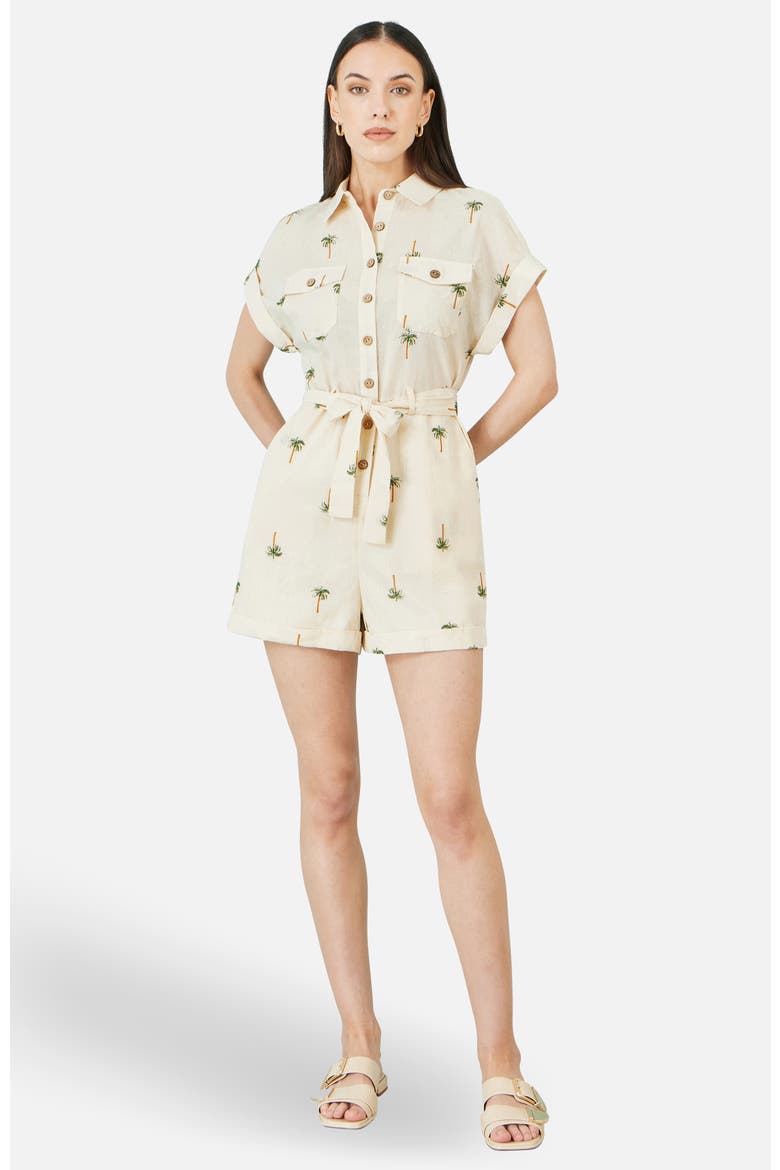 Embroidered Palm Print Cotton Playsuit, Main, color, Beige