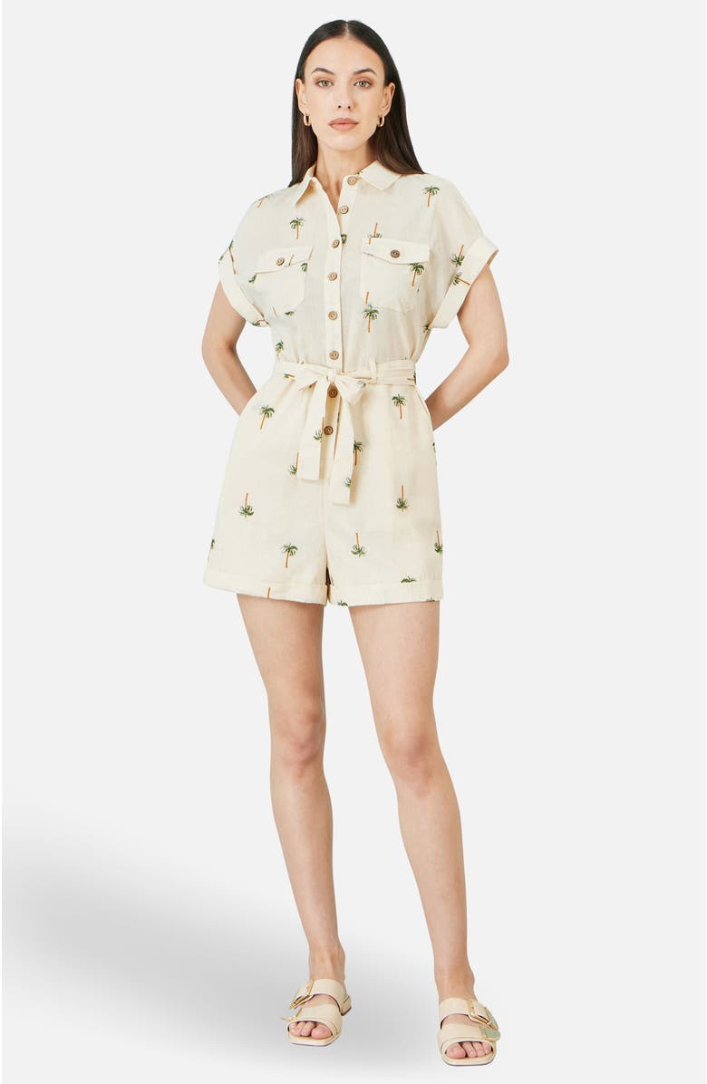 Yumi Embroidered Palm Print Cotton Playsuit, Main, color, Beige
