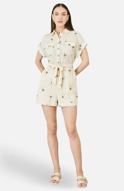 Embroidered Palm Print Cotton Playsuit