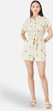 Yumi Embroidered Palm Print Cotton Playsuit