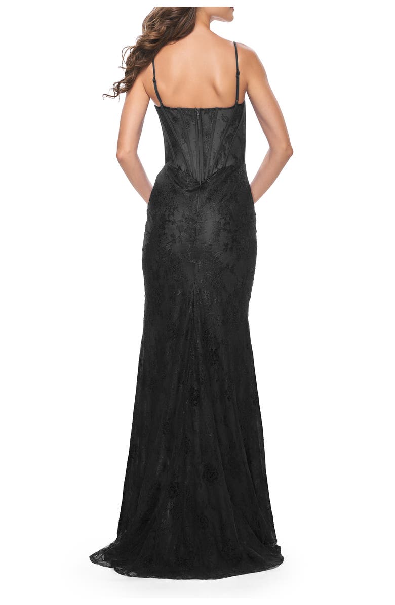 La Femme Stretch Lace Fitted Dress with Illusion Bustier Top, Alternate, color, Black