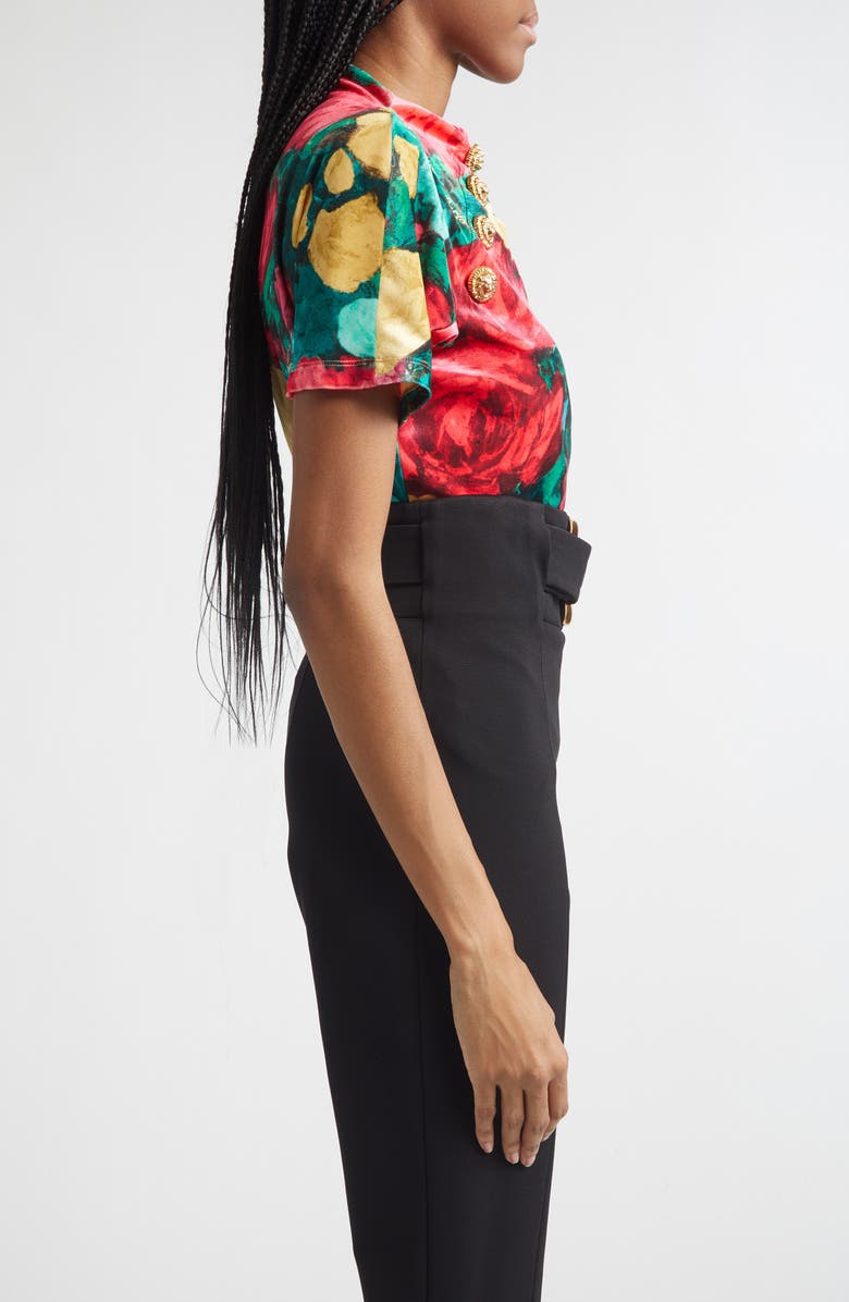 Balmain 4-Button Roses Print Stretch Velvet Top, Alternate, color, Ulj Green/ Multi
