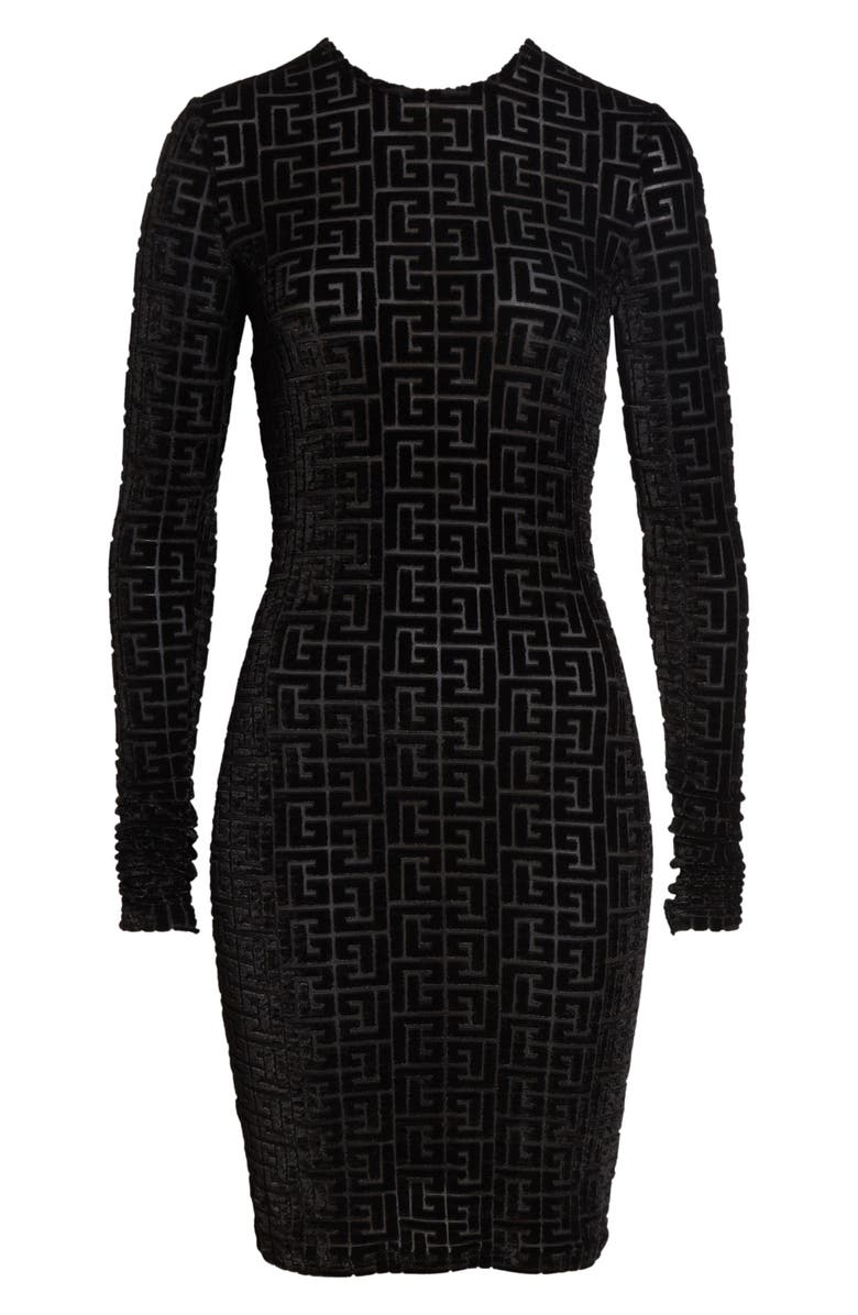 Balmain Monogram Jacquard Open Back Long Sleeve Devoré Velvet Body-Con Minidress, Alternate, color, Black/ Black
