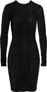 Balmain Monogram Jacquard Open Back Long Sleeve Devoré Velvet Body-Con Minidress