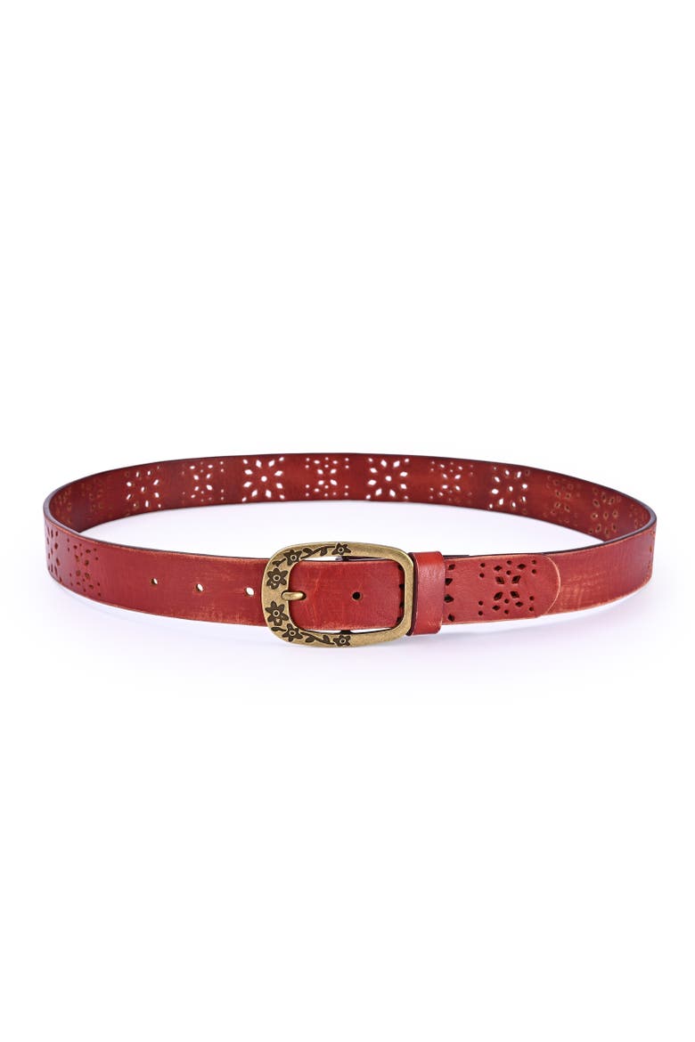Blooming Genuine Leather Perforated Floral Vintage Belt, Alternate, color, Cognac